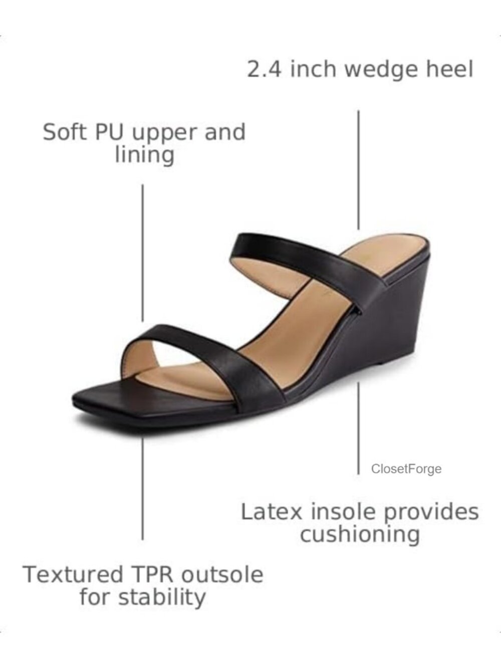 Women's PU Wedge Sandals Square Toe Slip On Summer Shoes Low Heel Comfort